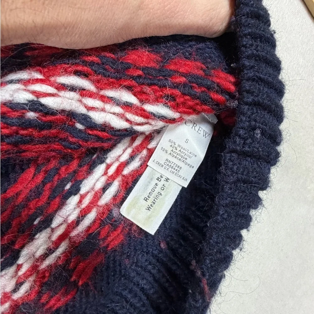 J. Crew Size Small Navy and Red Crewneck Wool Blend Fair Isle Sweater